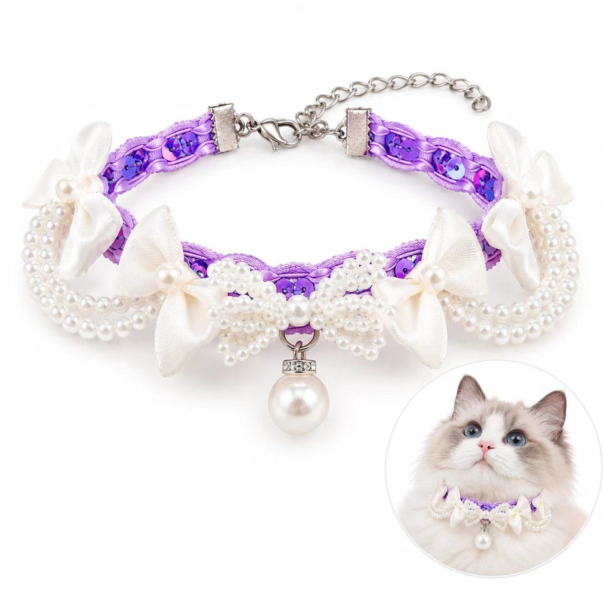 Starlune Pearl Bow Sequin Pet Collar