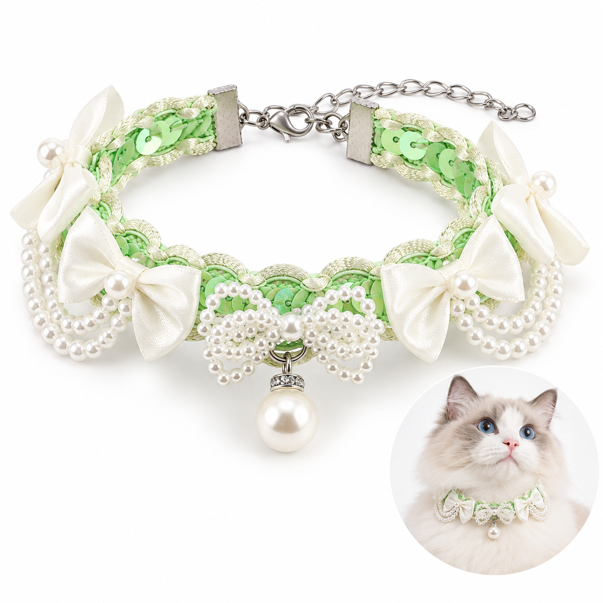 Starlune Pearl Bow Sequin Pet Collar