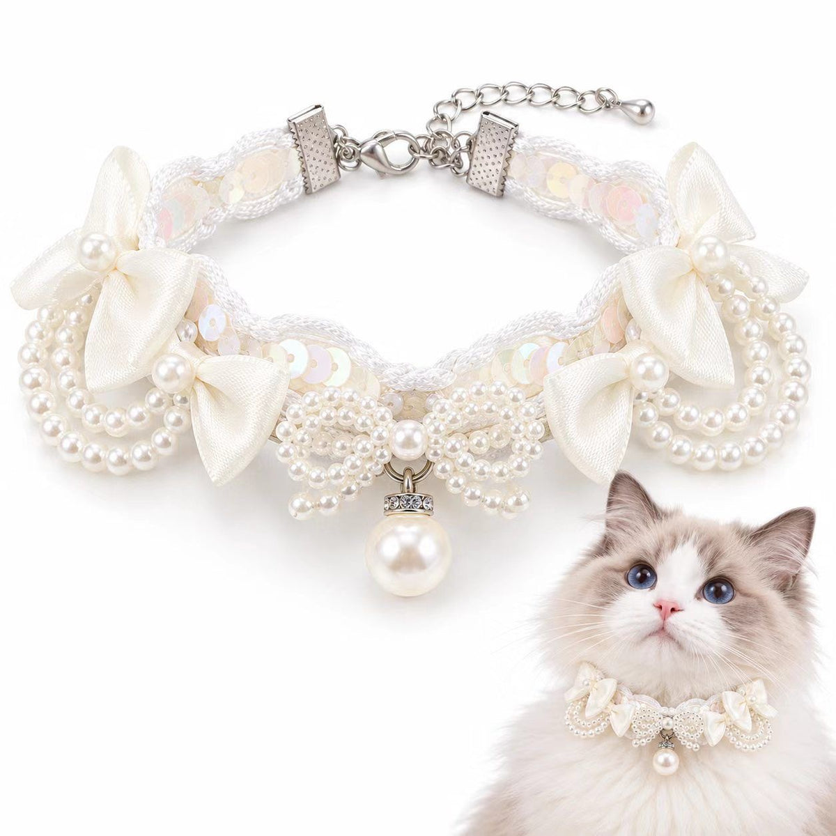Starlune Pearl Bow Sequin Pet Collar